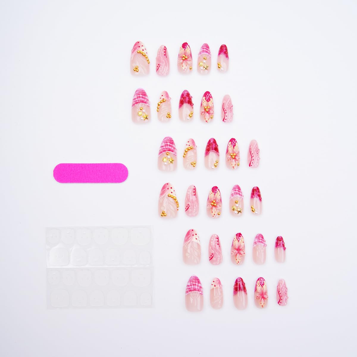 30Pcs Pink Handmade Press on Nails Medium Almond Fake Nails Gold Shell Starfish Gems Design Summer Glue on Nails 3D Flower False Nails Pink French Tip Acrylic Nails Spring Stick on Nails for Women