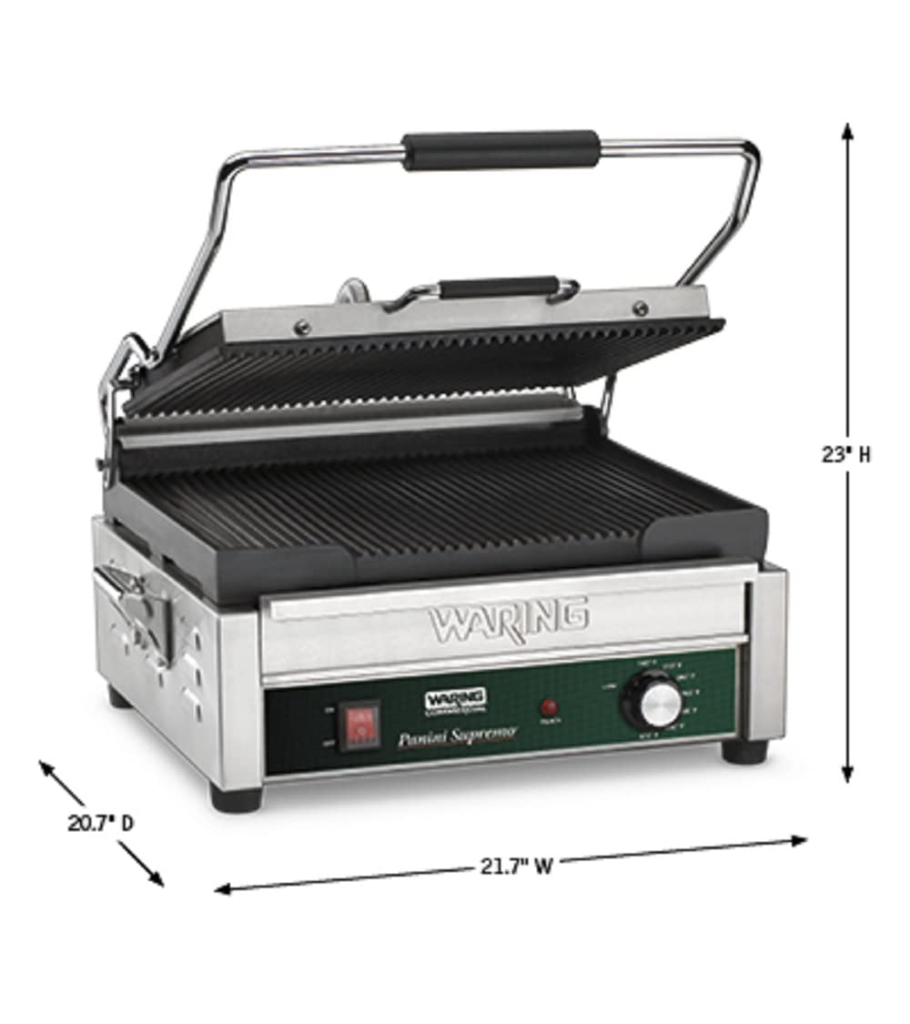 Waring Commercial WPG250B Panini Supremo Large Ribbed Panini Grill, 208V, 2800W, 6-15 Phase Plug