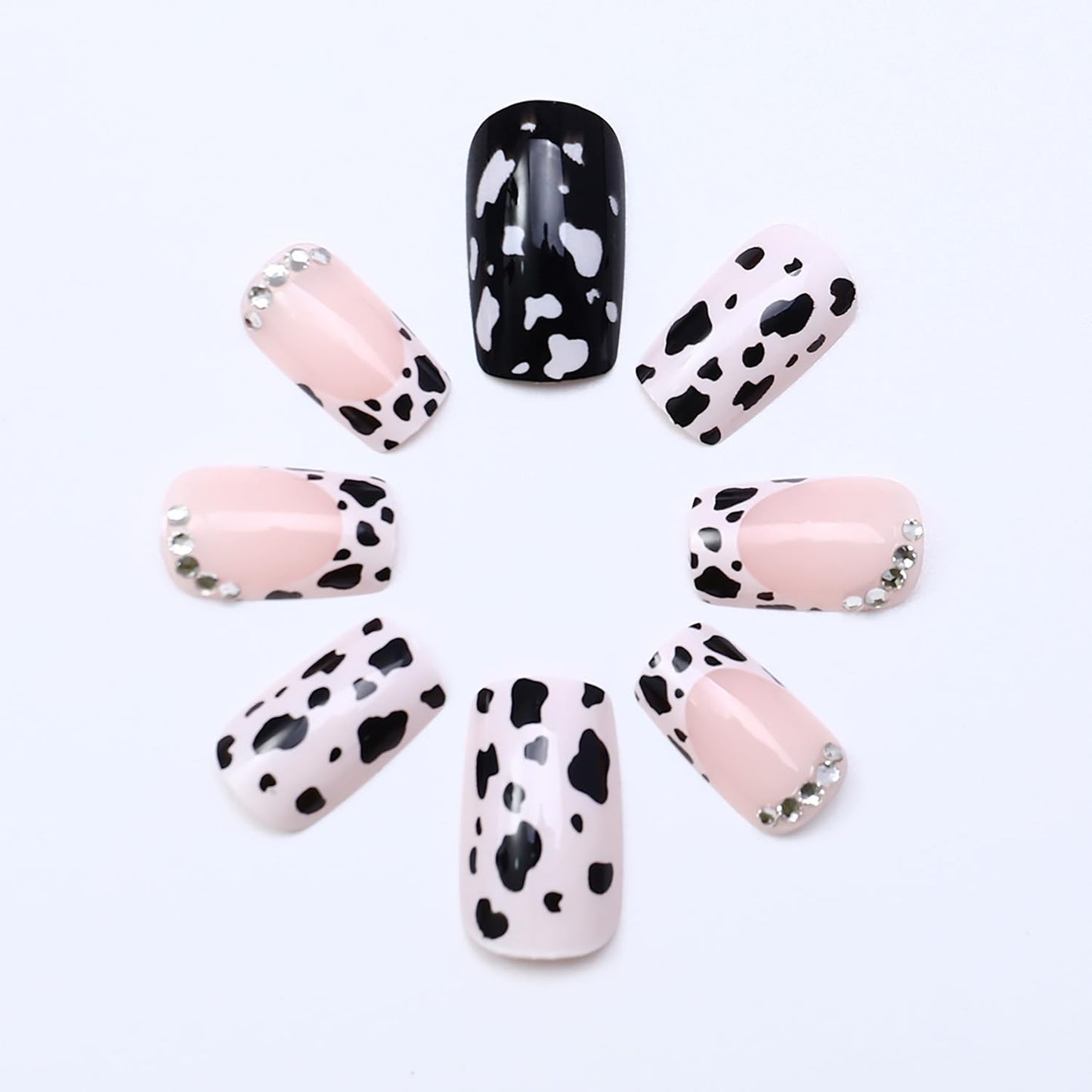 24 Pcs French Tip Press on Nails Short Square Shaped Fake Nails with Cow Print and Rhinestones Design Pink Glossy Leopard Acrylic Nails Full Cover Stick on Nail for Women Nail Manicure Decoration