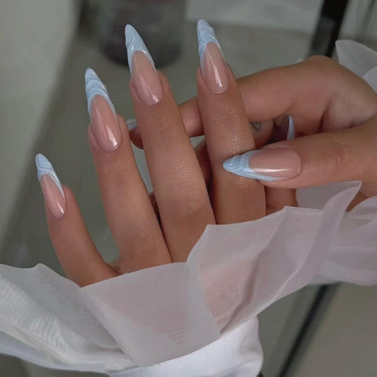 Handmade French Tip Press on Nails Medium Almond Fake Nails with Designs Blue French Tip False Nails Press ons on Nails for Women Manicure 10pcs (MT-120-M)