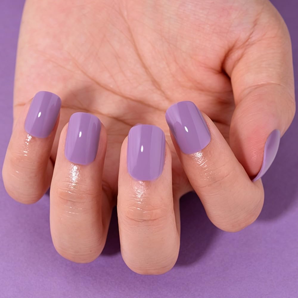 evpct Violet Purple Glossy Squoval Short Press on Nails for Women, Purple Extra Short Squoval No Glue Stick on Nails with Kit, Reusable Full Cover Soft Press on Fake Nail Salon-quality Perfectly Fit