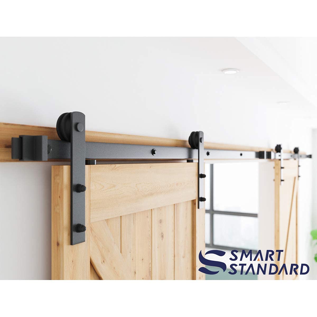 SMARTSTANDARD 12FT Heavy Duty Double Door Sliding Barn Door Hardware Kit,Smoothly and Quietly-Easy to Install-Includes Step-by-Step Installation Instruction Fit 36" Wide Door Panel