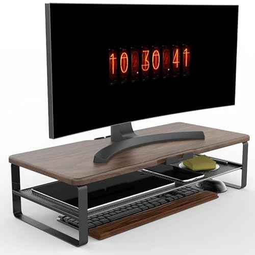 Monitor Stand for Desk, 2-Tier Monitor Stand Riser with Phone Holder and Cable Management - Desk TV Shelf, Laptop Printer, Desk Organizer Stand, for Home & Office (Wood Brown)