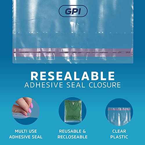 GPI - Pack of 500 12" X 15" Clear Self Seal Poly Bags, 1.5 Mil - Resealable Polybags with Adhesive Strip & Suffocation Warning for Packaging T Shirts Clothing. Perfect for Shipping Supplies with FBA