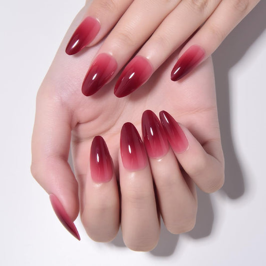 evpct Press on Nails Short Almond Ombre Design, Blood Red Ombre Glossy Artificial Acrylic Fake Nails Reusable with Kits Kit, Perfectly Fit Stick on Full Cover Soft Stick on False Nail for Women Girls