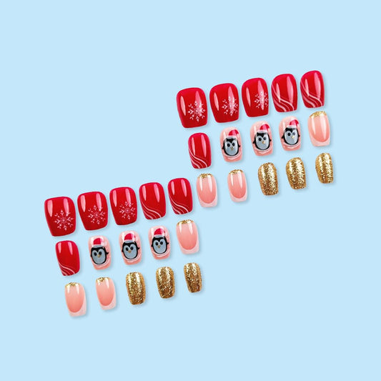 Christmas Press on Nails Short Winter Fake Nails Red Stripe Snowflake Penguin with Designs Candy Cane Glitter on Nails Acrylic Nails Press ons Artificial Nails for Women 24Pcs