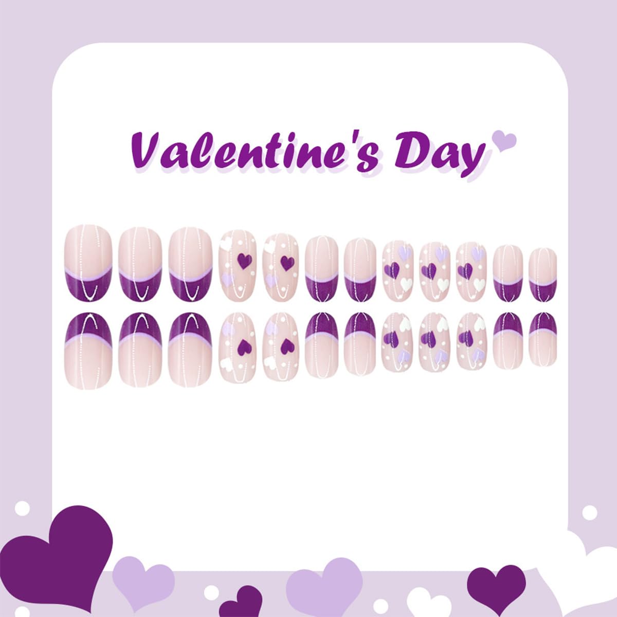 Valentines Hearts Press on Nails Short French Tip Almond Fake Nails 24Pcs Purple French Tip Small Love Polka Dot Design Glossy Acrylic Nails for Women Manicure Valentine's Day Nail Decor Supplies