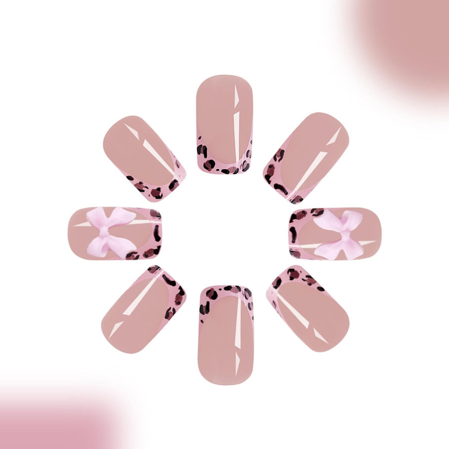 Press on Nails Medium Square Leopard French Tip Fake Nails with Bow Desings Nude Glue on Nails Glossy False Nails Press ons Acrylic Stick on Nails for Women 24 Pcs