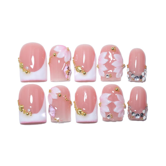 10Pcs Short Square Handmade Press On Nails | Easy Apply & Remove, Reusable Salon Quality Nails | Elegant Blush Pink Fake Nails with 3D Sakura Flower, Gold Seashell & Rhinestone Accents (O912, S)