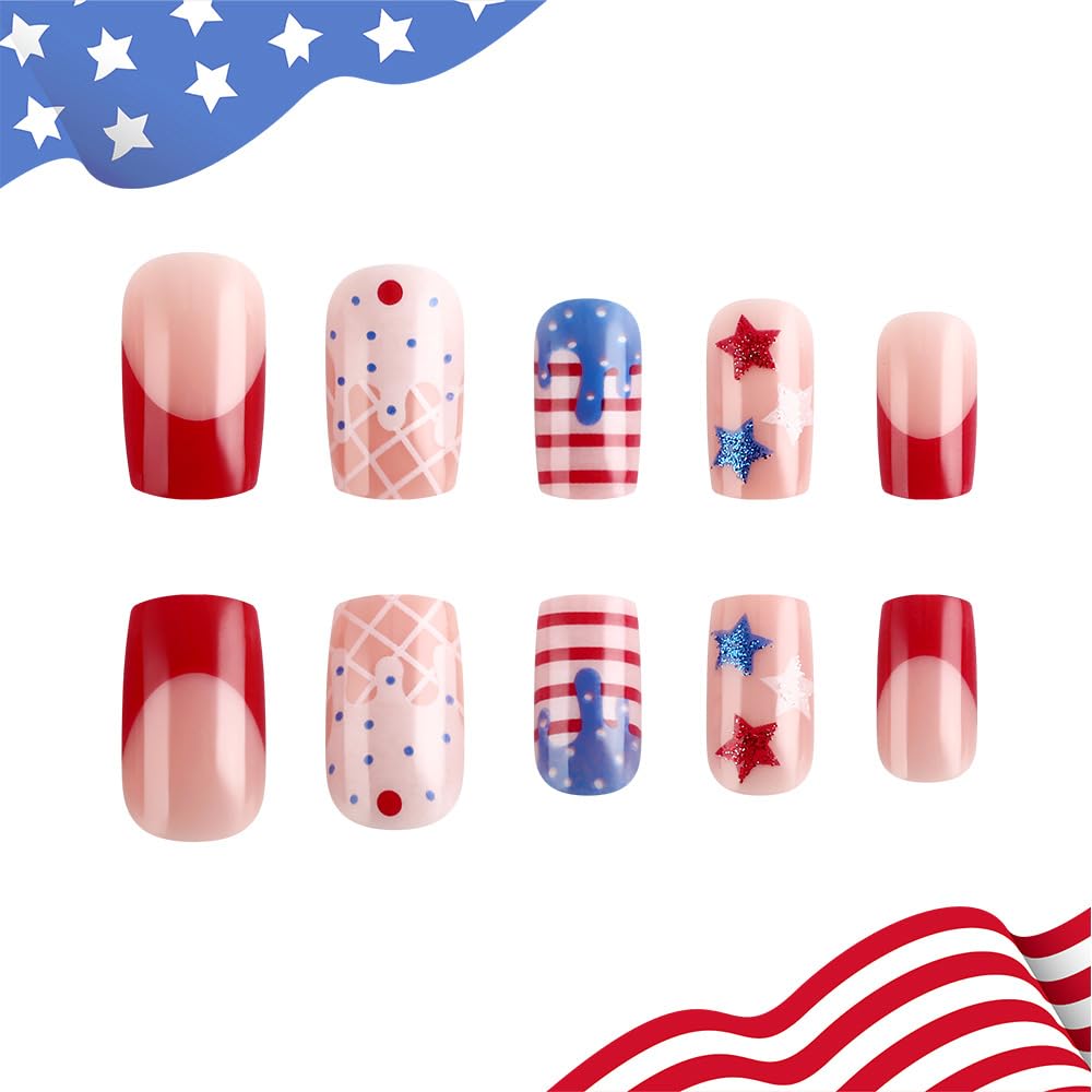 4th of July French Tips Press on Nails Medium Square Fake Nails Independence Day Glitter Stars False Nails Full Cover Glossy for Women Summer Patriotic Ice Cream Manicure Decoration 24Pcs