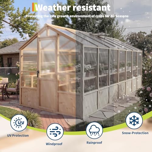 8X14 ft Outdoor Wooden Greenhouse with Lockable Door, Adjustable Roof Vent & Polycarbonate Panels, UV Protection, Large Cedar Wood Walk-in Green House for Garden, Backyard, Patio, Lawn, Light Brown