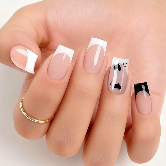 CTTHNBD Press on Nails Medium - Square Fake Nails with Black Heart Design - White French Tip False Nails - for Women 24 Pcs