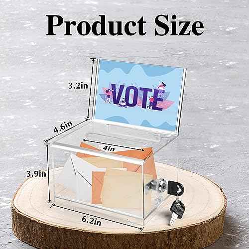 VOISEN Clear Donation Box with Lock,3 Pack Ballot Box with Sign Holder,Tip Jar for Fundraising, Voting Boxes with Slot for School,Conference 6.2x4.6x3.9 Inch