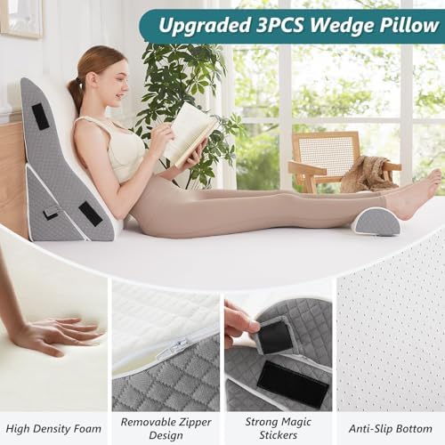 Bed Wedge Pillow Set for Sleeping 3 PCS - 16.5" Wide Triangle Pillow for Back Leg Pain Relief with Washable Cover - 35D Foam Wedge Pillow Post Surgery for Acid Reflux & Snoring (White Grey)
