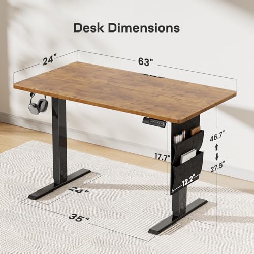 Marsail 63x24 Electric Standing Desk - Adjustable Height Computer Desk with Memory Presets, Storage Bag & Cable Management for Home Office & Gaming Workstations