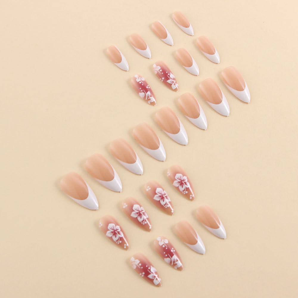 MINGCHUN Nude Pink Press on Nails Medium Almond White French Tip Fake Nails Press ons Acrylic Nail Art Kit Full Cover False Nails Glue on Nails with Flower Glossy Design for Women Nail Supplies 24Pcs