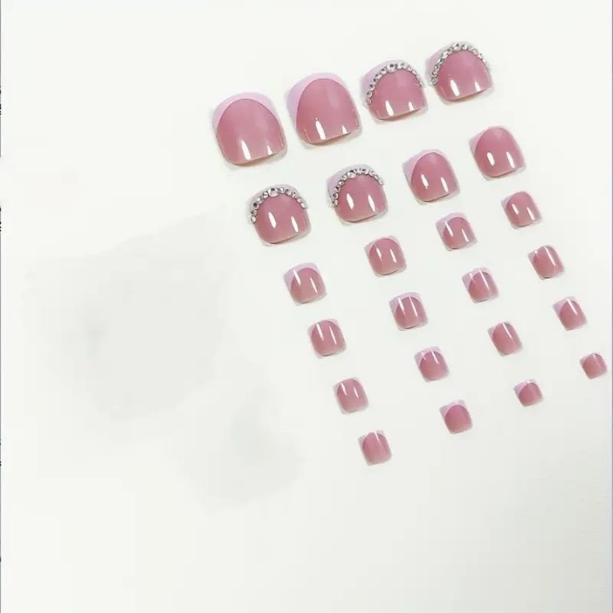 Pink French Tip Press On Toenails Short Square Fake Toes with Design Rhinestone Glue on Toe Nails Shiny Bling Summer False Toenails Reusable for Women Girls Foot Manicure 24pcs
