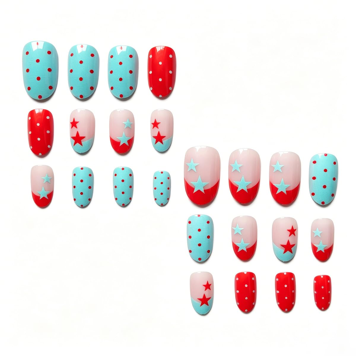 QUNQINLI French Tip Press on Nails Short Oval Fake Nails Press ons Nail Art Tips Kit with Star Polka Dots Design Red Blue False Nails Full Cover Nude Glossy Glue on Nails for Women Manicure 24 Pcs