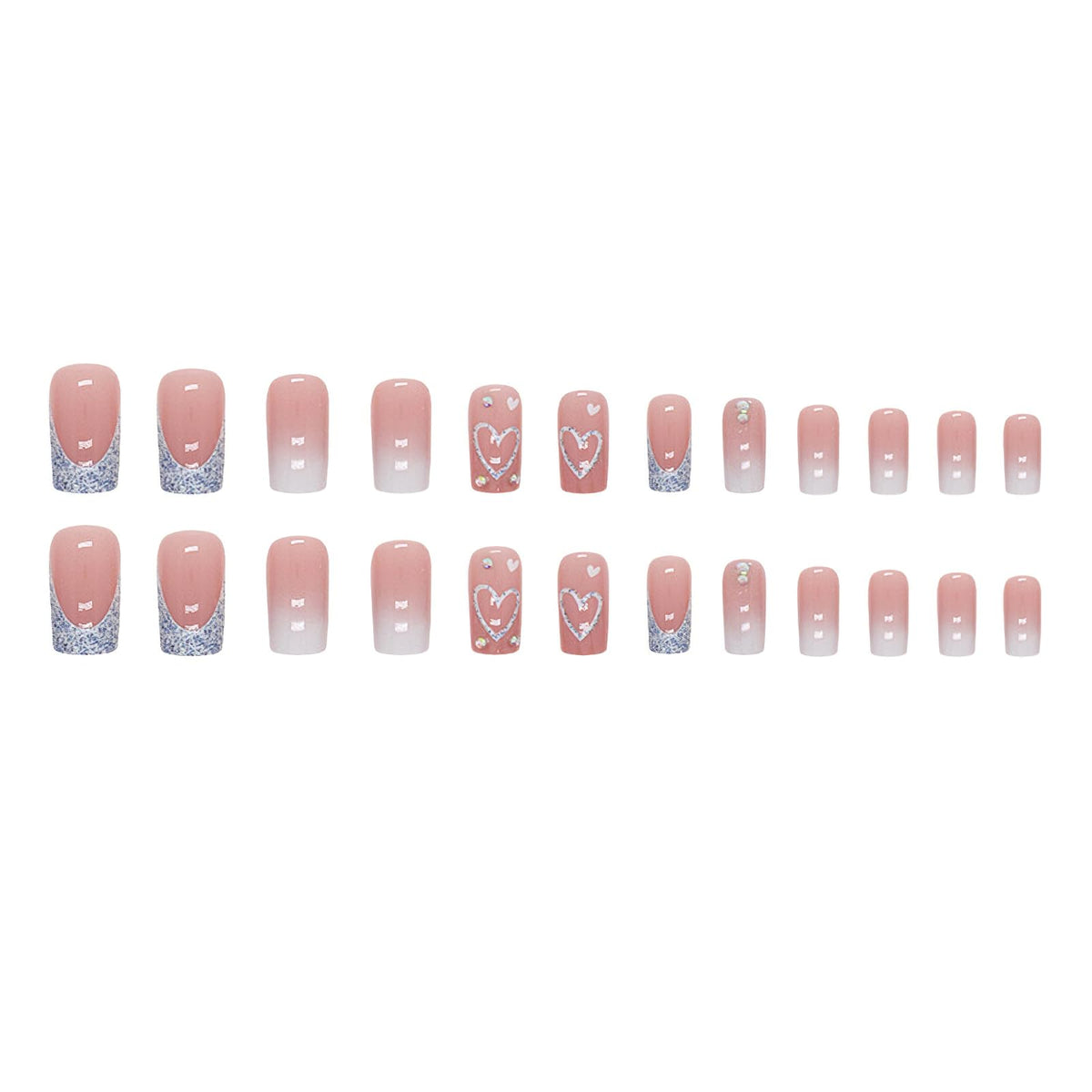 Square Press on Nails Medium Length Fake Nails French Tip Coffin False Glossy Heart Blue Glitter Design Full Cover Glue on Nails Nude Pink with Rhinestones Reusable Stick on Nails for Women 24pcs