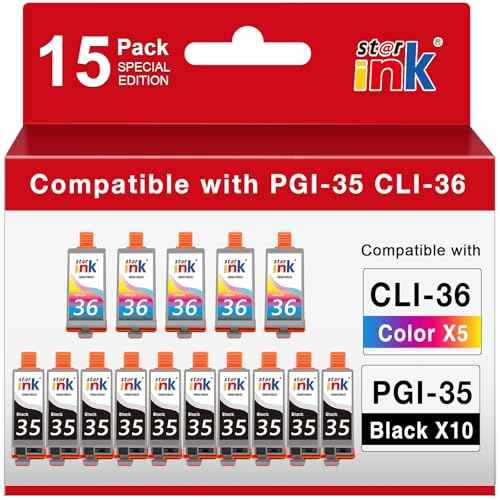 15 Pack PGI-35 CLI-36 Ink Cartridge Replacement for Canon TR160 Ink Cartridge Compatible for Canon 35 36 Ink Cartridges Work with TR150 TR160 iP110 iP100 Mini260 Mini320 Printer-(10 Bk+ 5 Tri c)