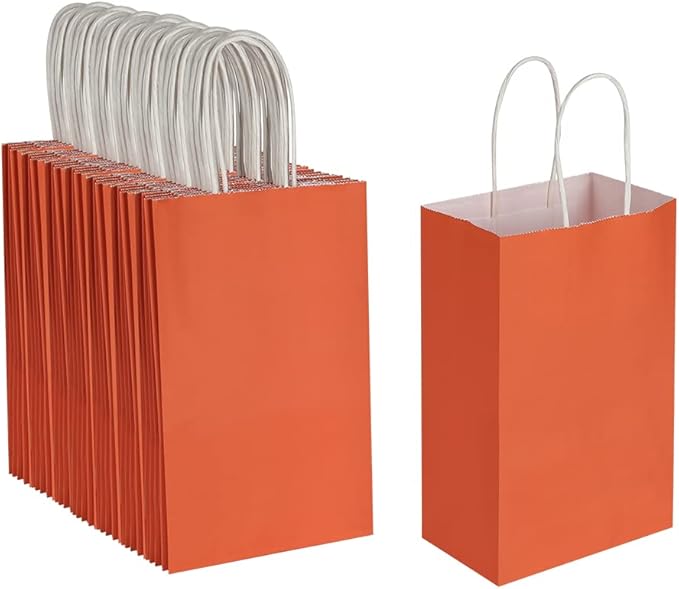 Oikss 100 Pack 5.25x3.25x8.25 Inch Small Orange Kraft Paper Bags with Handles Bulk for Birthday Wedding Party Favors Grocery Retail Shopping Business Goody Craft Gift Bags Cub Sacks (100pcs Count)