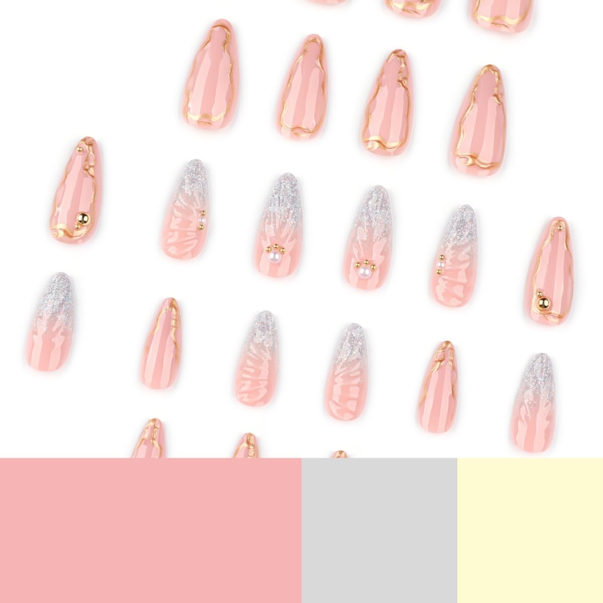 Gold Press on Nails Long Stiletto Fake Nails with 3D Seashell Pearl Design Stick on Nails Pink Glitter False Nails Summer Handmade Acrylic Glue on Nail for Women Girl Nail Art Decoration 24Pcs