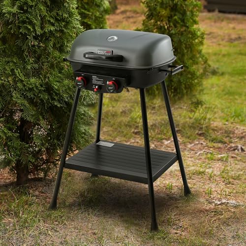 Royal Gourmet GT2003 Portable 2 Burner Propane Gas Grill with Stand and Warming Rack, 2-in-1 Grill Griddle Combo with 17,000 BTUs Output forCamping, Tailgating, Backyard, Gray