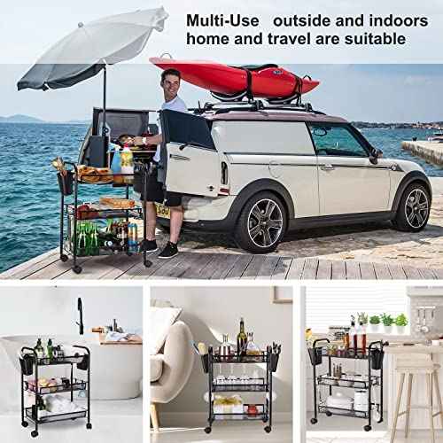 3 Tier All-Metal Rolling Utility Cart with Locking Wheels,Easy-Carry and Assembly Mesh Trolley Cart with 2 Small Baskets and 4 Hooks for Bathroom Kitchen Office Balcony,Slide-Out Narrow Shelf