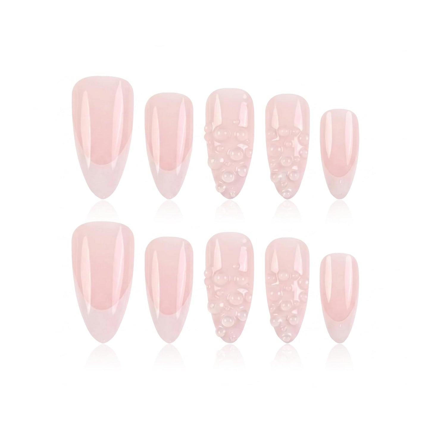 IMSOHOT Almond Press on Nails, Medium Fake Nails, Nude Pink French 3D Water Drop Design, 24 Pcs Reusable Glue on Nails for Women, Salon Quality