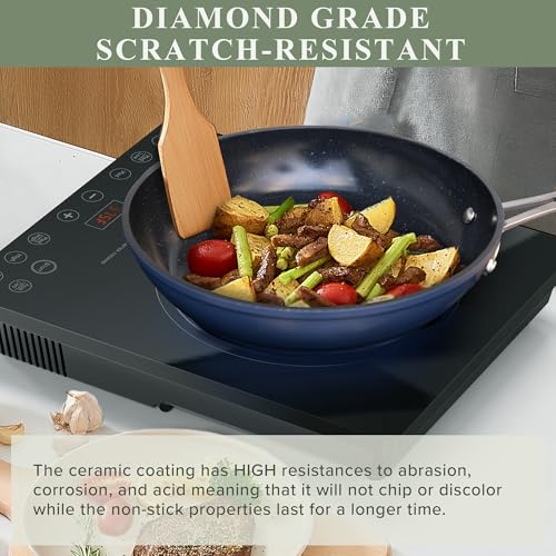 Nuwave Healthy Duralon Blue Ceramic Nonstick 12pc Cookware Set,Diamond Infused Scratch-Resistant,PFAS Free,Dishwasher & Oven Safe,Induction Ready & Evenly Heats, Tempered Glass Lids, Stay-Cool Handles