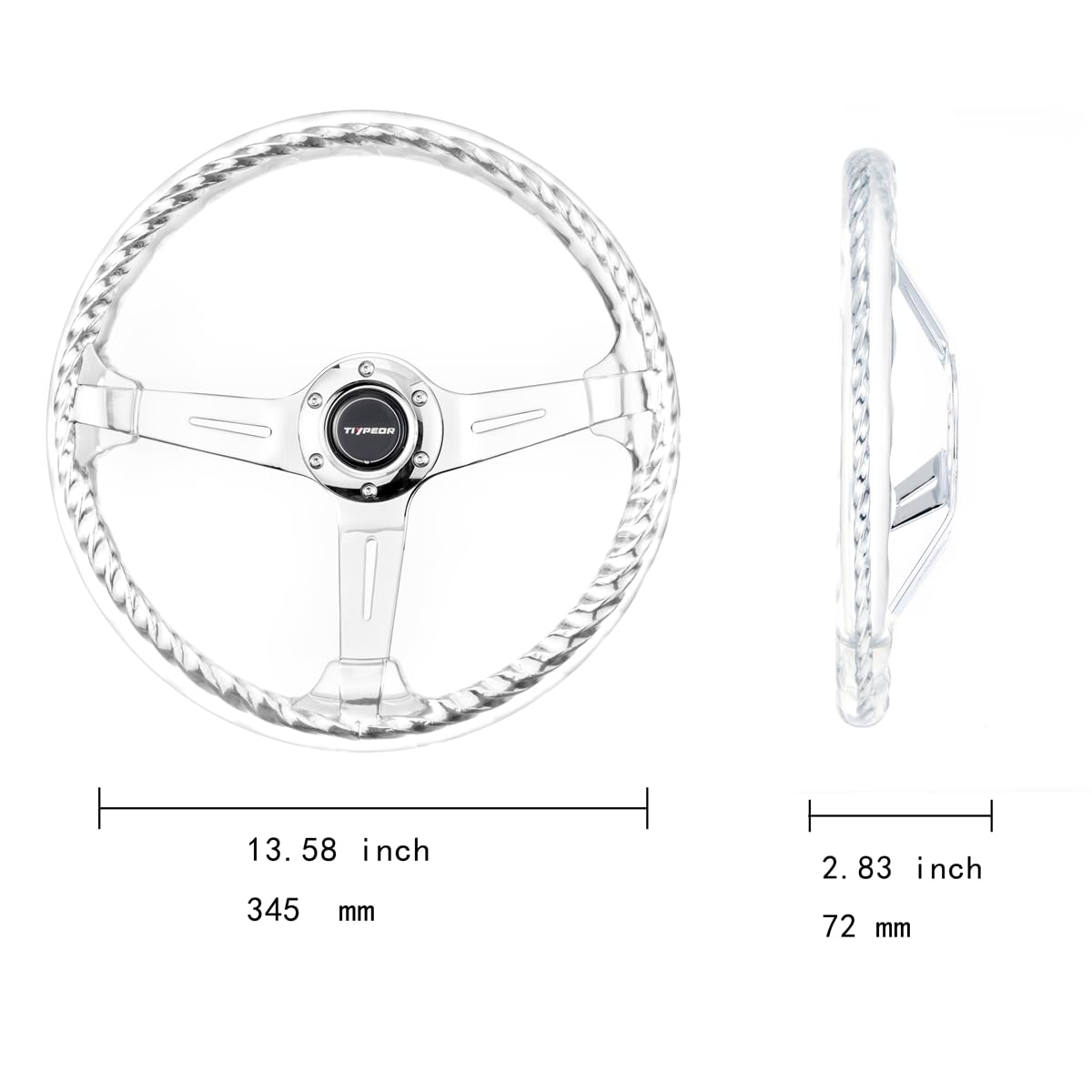 TIYPEOR Hitman Style 14 Inch Car Steering Wheel universal 350mm Clear Metal Twisting Steering Wheel with Accessories