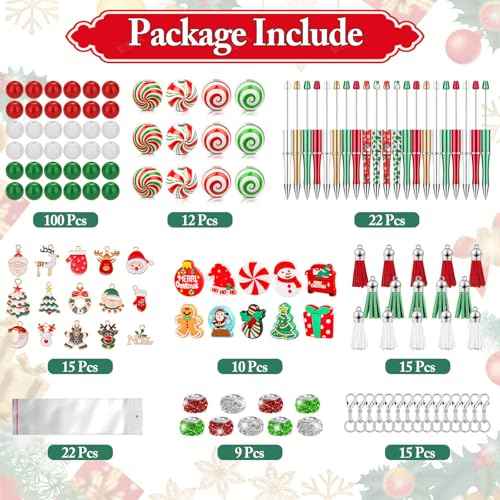 220 Pcs Christmas Beaded Pens Bulk,22 Sets Christmas Pens Bulk with Christmas Focal Beads, Silicone Beads, Christmas Charms and Tassels, DIY Beadable Pens Gift for Office School Students