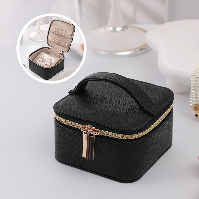 Gifturbo Travel Small Jewelry Case, Jewelry box,PU Leather 4 Zipper Bags for Women Girl,Valentine's Day Gift, Marriage, Brithday Gift,Earrings Necklace Rings Storage Gift Box Black