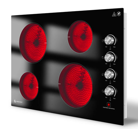 AMZCHEF 30 Inch Electric Cooktop, Built-in with 4 Burners Max 7000W with 30" Glass Ceramic Cook Top,Knob control, Hot Surface Indicator,220V - 240V Hard Wire, No Plug