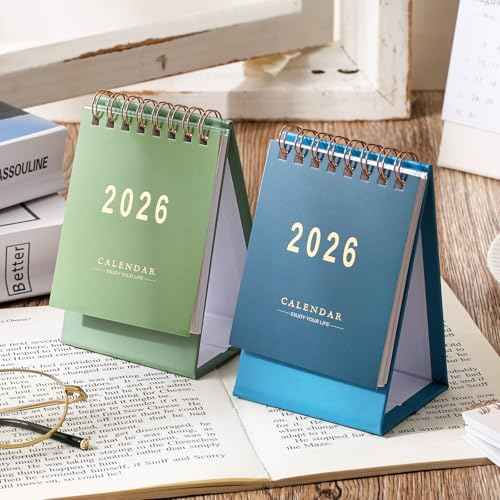 Mini Desk Calendar 2025-2026 - Runs From Now until Dec 2026 Monthy Small Desktop Calendar 250 GSM Thick Paper Twin-Wire Binding for Home or Office (Green)