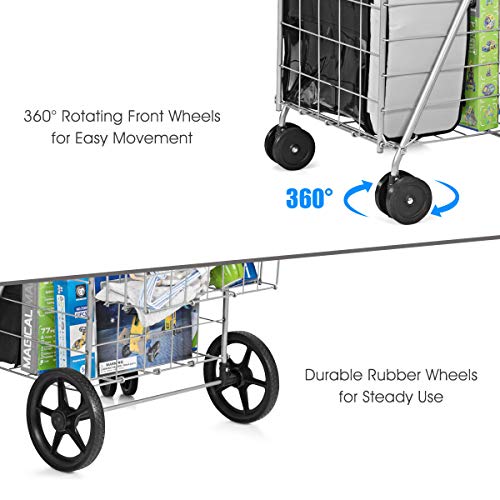 BETTARY Jumbo Folding Shopping Cart, Metal Grocery Cart on Wheels with Double Basket, Heavy Duty Utility Cart with 360¡Æ Swivel Wheels for Grocery, Laundry, Book, Luggage, Travel, Silver