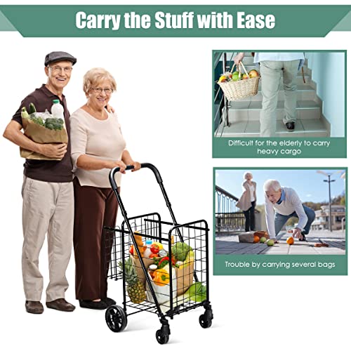 Folding Shopping Cart, Double Basket Supermarket Cart with Adjustable Wide Cushion Handle Bar and Swivel Wheels, Suitable for Grocery Book Luggage Travel Laundry, Large Utility Carts (Black)
