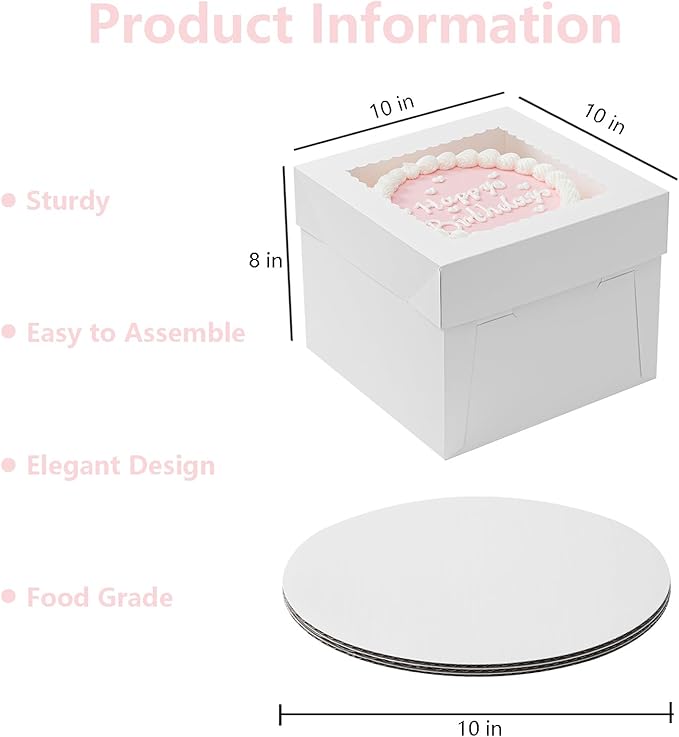 5 Pack Cake Boxes, 10x10x8 Inches Tall Cake Box with Cake Boards, White Bakery Boxes with Window, Disposable Cake Containers with Lids for Cake, Donuts, Pies, Cookies, Wedding, Birthday, Party