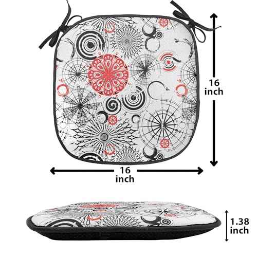 Ambesonne Mandala Chair Seating Cushion Set of 2, Grunge Looking Round Floral Rounds Contrast Colors and Design, Anti-Slip Seat Padding for Kitchen & Patio, 16"x16", Vermilion Black White