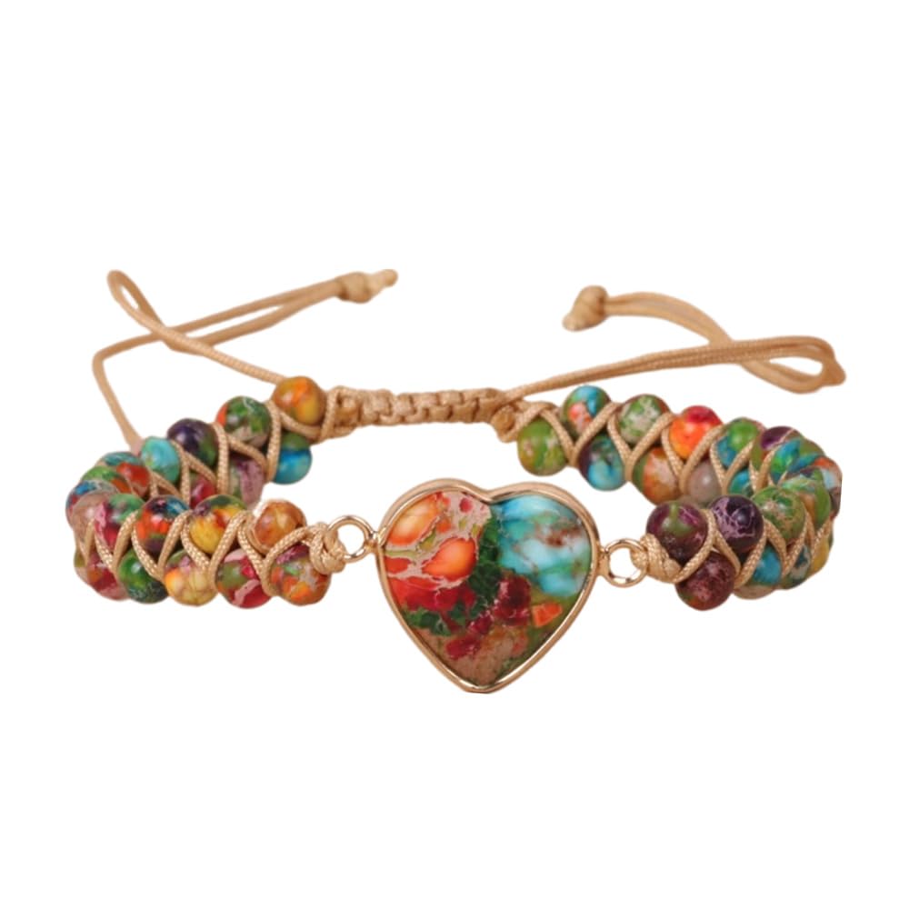 7 Chakra Healing Natural Stone Heart Wrap Bracelet for Women Colorful Emperor Beaded Health Balance Love Heart Friendship Boho Strands Bracelets Handmade Genuine Leather Trendy Jewelry Bff Gifts (Colorful)