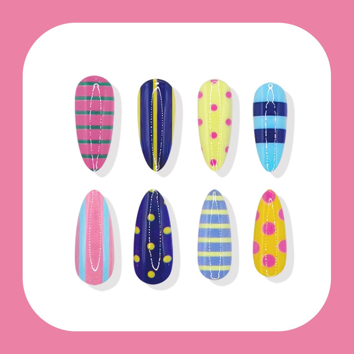 Colorful Press on Nails Medium Almond, Cute Summer Fake Nails with Stripe & Polka Dot Design, Cute Acrylic Nails Press ons Reusable Full Cover Glue on Nails for Women Girls Manicure 24Pcs