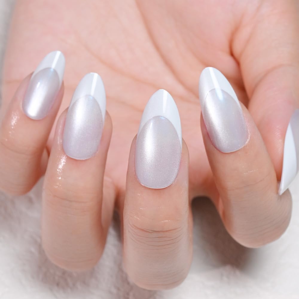 evpct Pearl Cat Eye French Tip Press on Nails Almond Medium No Glue, White French Tip Medium Almond Holographic Stick on Nails for Women, Reusable Full Cover Soft Press on Nail Perfectly with Design
