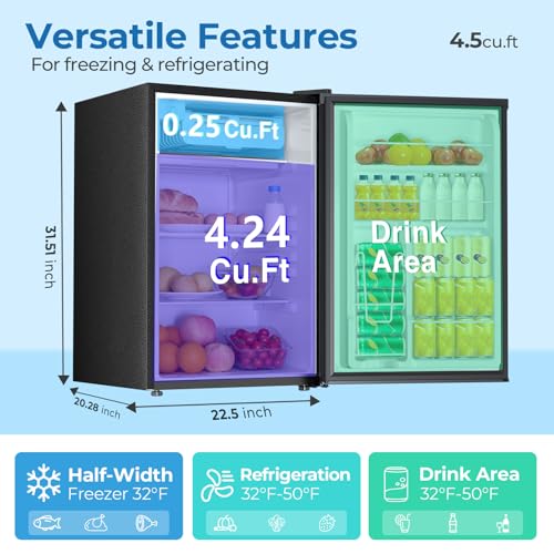 Electactic 4.5 Cu.ft Mini Fridge with Freezer, Compact Refrigerator with Reversible Single Door, Adjustable Thermostat, Low Noise, Energy Efficient for Office, Dorm, Bedroom, Apartment BLACK