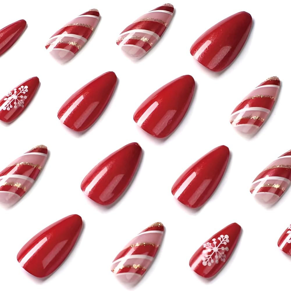 Red Christmas Press on Nails Medium French tips Fake Nails withGold Ribbon Pattern Design White Snowflake False Nails Acrylic Nails Red Full Cover Glue on Nail for Women and Girls
