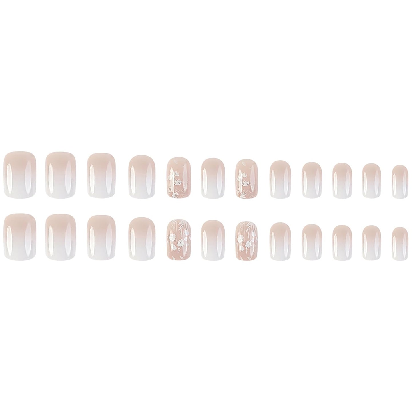 MABKJL French Fake Nails - White Gradient Square Full Cover White Floral Designs Glossy Glue on Acrylic Artificial Nails for Women Girls - 24Pcs