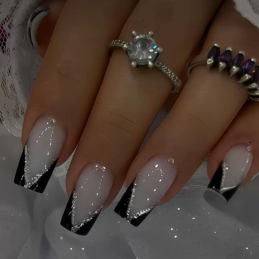 Square Press on Nails Medium - Black French Tip Fake Nails with Glitter Design - Wihte False Nails， Glossy Stick on - for Women 24 Pcs