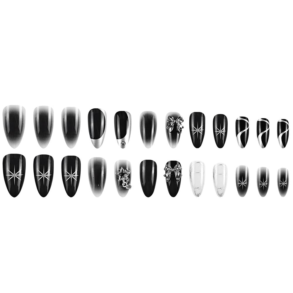 Press on Nails Medium Almond Black Ombre Fake Nails Stars Bow Charm False Nails with Designs Full Cover Dark Styles Acrylic Nails Glossy Glue on Nails Manicure Artificial Nails for Women Girls 24Pcs