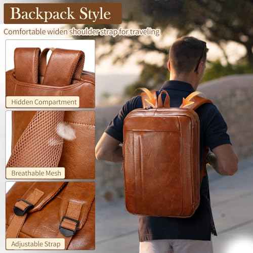 Faux Leather Messenger Bag for Men | 17-17.3 Inch Leather Mens Laptop Bag Leather Briefcasen Convertible Backpack 3 in 1 Computer Handbags Work Bag Shoulder Crossbody Bag Office | Vintage Brown