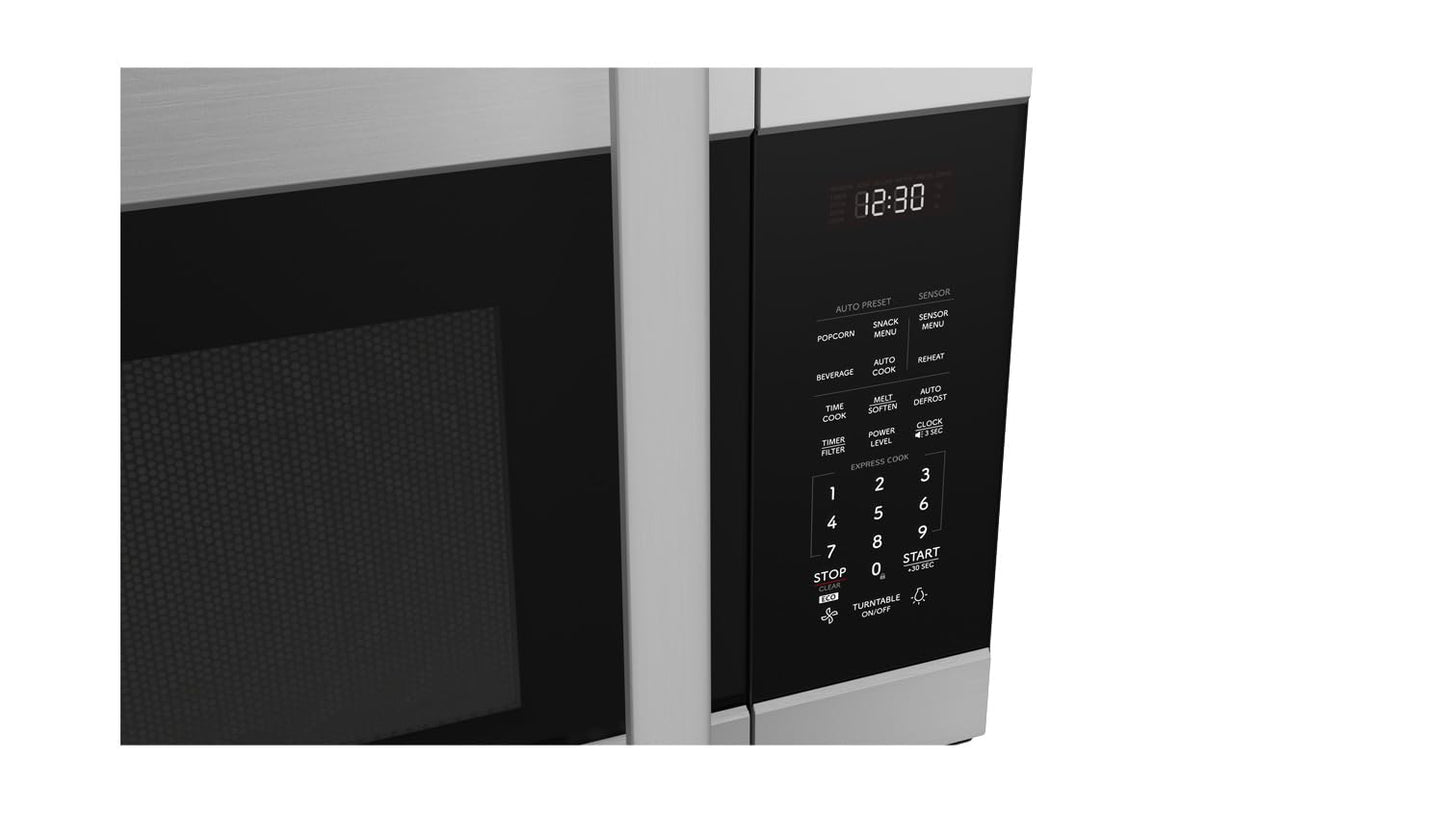 SHARP SMO1754JS Over the Range Microwave Oven with 13.6" Carousel Turntable, 30-inch, 1.7 Cubic Feet, 1,000 Watt, 300CFM Fan, Sensor Cooking, Edge to Edge Black Glass with Stainless