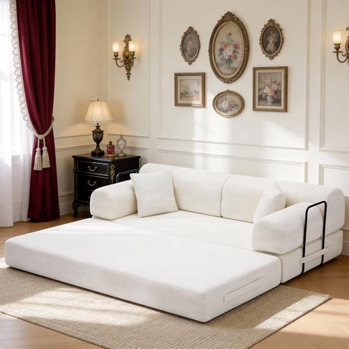 KEIKI Convertible Sleeper Sofa Bed Folding Lounge Design with Cylindrical Pillow, Corduroy Upholstered Mattress Couch, Fixed Shape Frame for Living Room Bedroom Relaxing and Resting Use